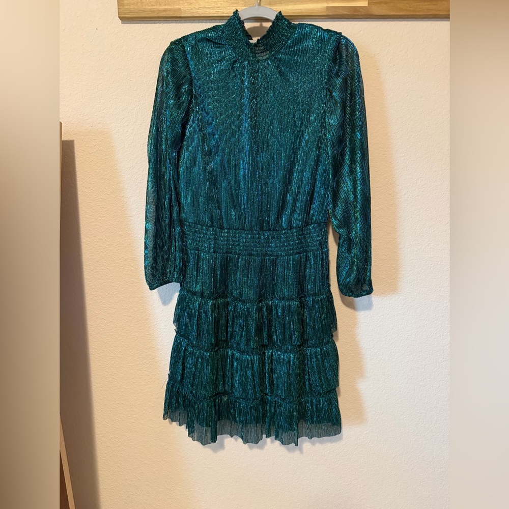 Metallic Green Ruffled Long-Sleeve Dress